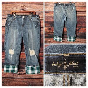 Baby Phat Capri Jeans Size 16 Cropped Cuffed Distressed Plaid Cuffs Blue Denim